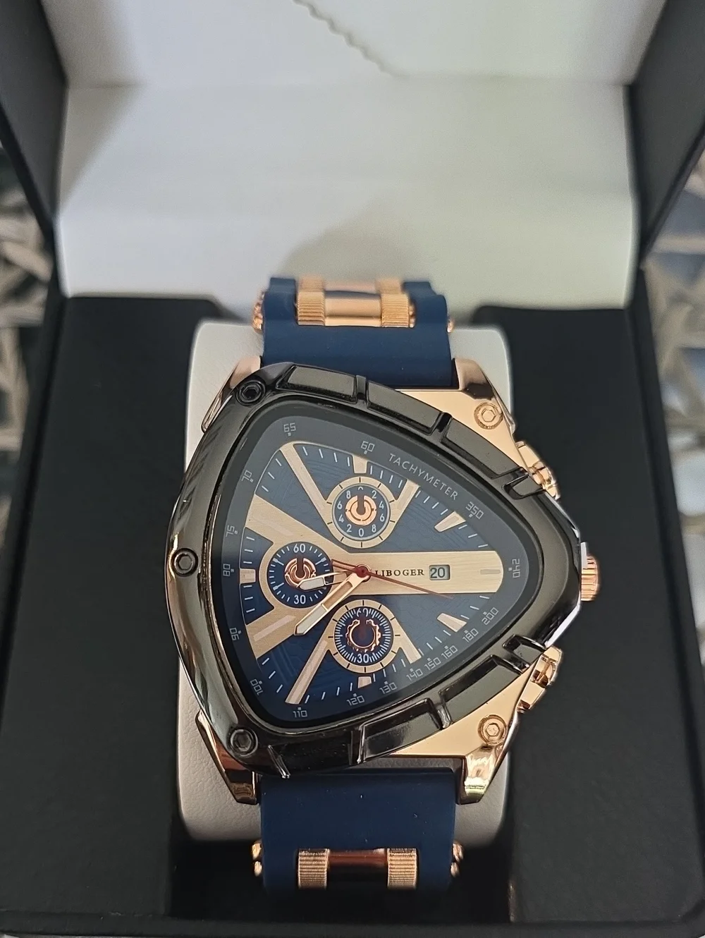 277.   Unique Triangular Men's Chronograph Watch - Navy & Rose Gold